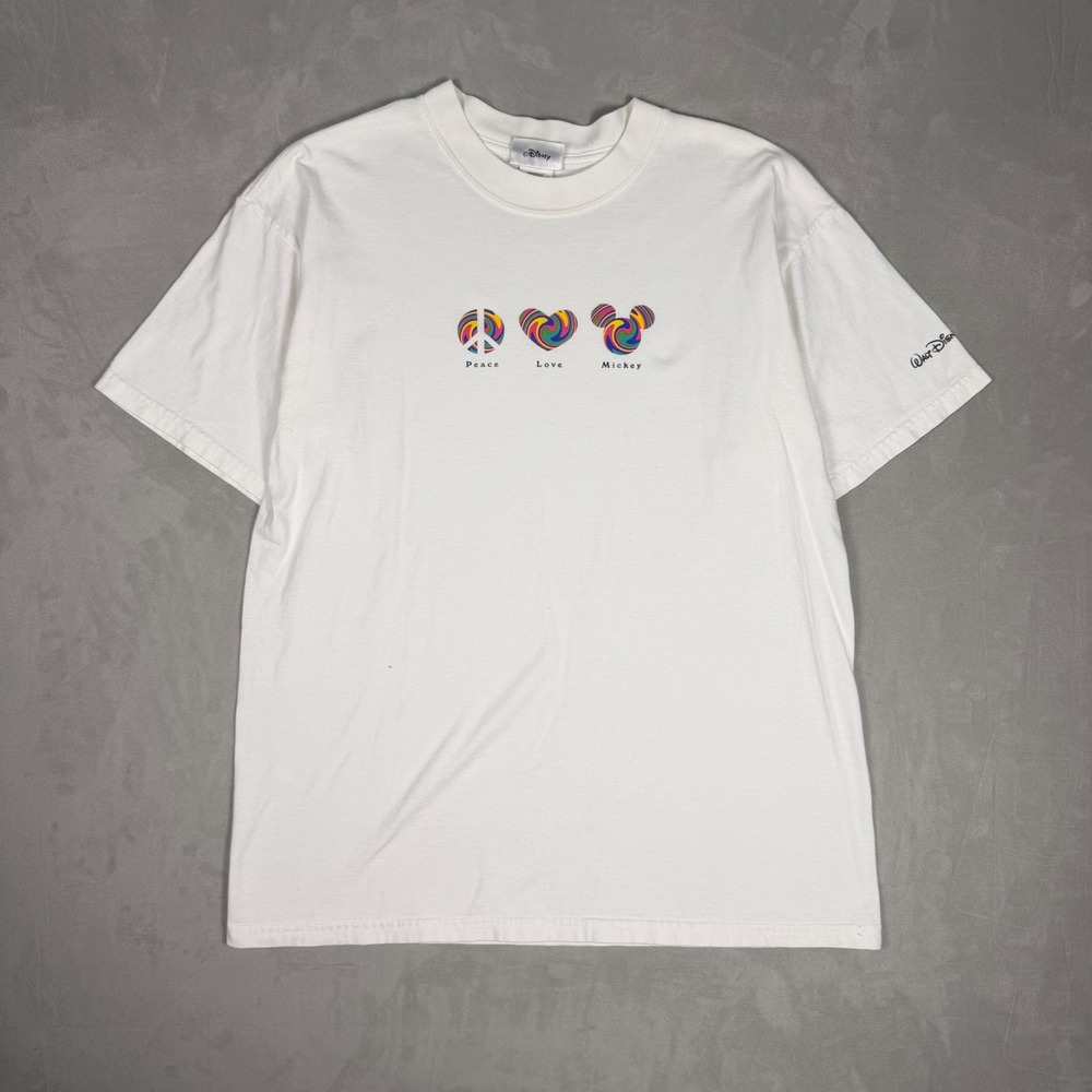 Y2K Mens Disney Peace Love Mickey Graphic T-Shirt White Medium